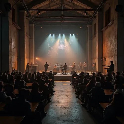 Brutalist music venue, industrial architecture, concrete walls, steel beams, minimalist decor, dimmed lighting, spotlights, audience seating, wooden chairs, metal tables, avant-garde instruments, expe