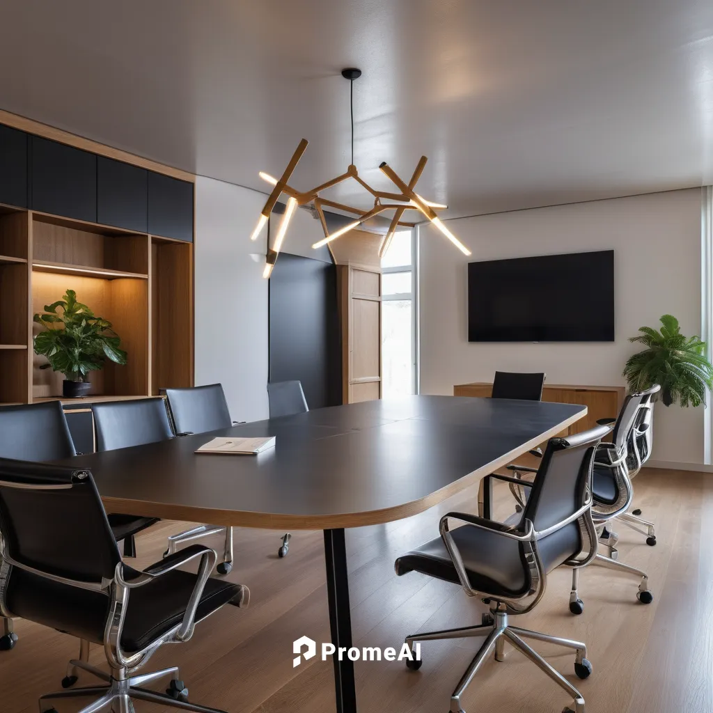 meeting room with white stucco walls and microcement flooring, with a table with a black lacquered top and dark wooden legs in the center, eight chairs with wheels with metal structure and seat and ba