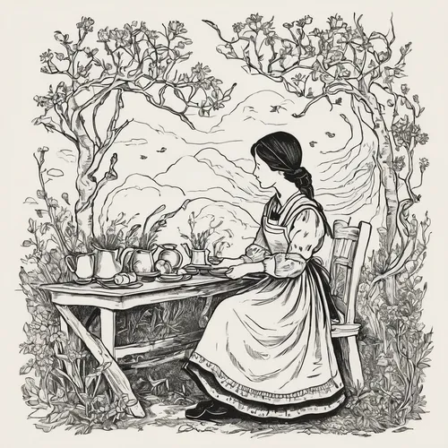 girl picking apples,kate greenaway,coffee tea illustration,laundress,picking vegetables in early spring,book illustration,woman at the well,girl in the garden,girl in the kitchen,girl picking flowers,woman eating apple,work in the garden,hand-drawn illustration,woman holding pie,gardening,milkmaid,vintage illustration,candlemaker,garden work,apple harvest,Illustration,Black and White,Black and White 26