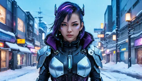 Creat a Cyberpunk like Girl with dark purple, balck and blue haires and a glowing armor.
Show Shinjuku Tokio behind her, full body,winterblueher,widowmaker,ice queen,violet head elf,aurajoki,winter ba