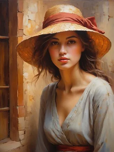 vietnamese woman,girl wearing hat,oil painting,romantic portrait,young woman,oil painting on canvas,italian painter,mystical portrait of a girl,girl portrait,portrait of a girl,girl in cloth,woman at cafe,the hat of the woman,woman's hat,straw hat,art painting,woman portrait,the hat-female,girl with cloth,young lady,Art,Artistic Painting,Artistic Painting 29