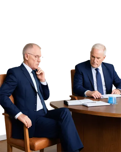 Business meeting, conference room, wooden table, leather chairs, 3-4 people, mature men, suits, ties, formal wear, laptops open, notes scattered, water bottles, coffee cups, serious facial expressions