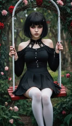 garden swing,empty swing,marionette,swing,wooden swing,swing set,pvc,hanging swing,cosplay image,goth woman,swinging,clover frame,pendulum,fallen petals,black rose,rubber doll,hourglass,sitting on a chair,gothic dress,seerose,Conceptual Art,Fantasy,Fantasy 34