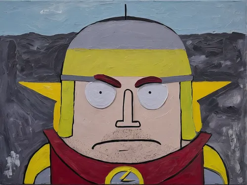 In a gloomy setting, Captain Hindsight reflects on missed opportunities.,lokportrait,greyskull,thundercat,the roman centurion,roy lichtenstein,modern pop art,berger picard,angry man,cyclops,roman sold