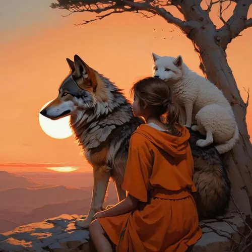 a brown wolf and a sad girl, both seen from behind. They are sitting on a cliff under a tree branch. The girl put his arm around the wolf's shoulders, she looks at the sheep with a sympathetic smile. 