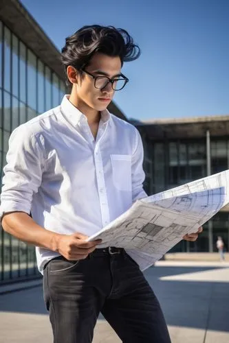 Male, young adult, bachelor of design, architecture student, casual wear, white shirt, dark jeans, sneakers, messy black hair, glasses, holding a large blueprint, standing, university campus, modern b