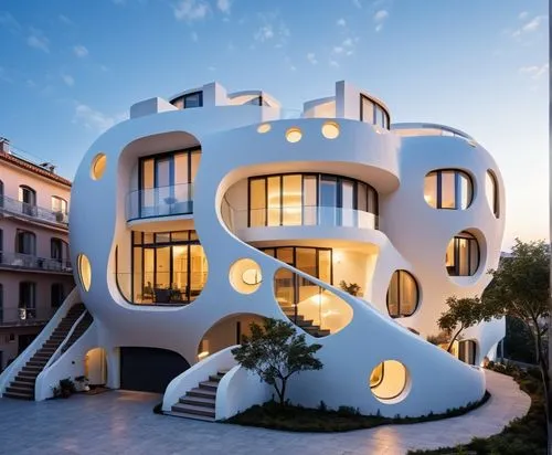 a modern, futuristic apartment building with a highly unique and imaginative design. The building's façade is composed of a series of rounded, bubble-like structures of varying sizes, all in a soft, m