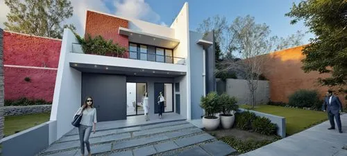 DISEÑO EXTERIOR DE CASA ESTILO MINIMALISTA, CON MUROS CON CANTERA GRIS, EN COMBINACION CON MUROS DE COLOR BLANCO Y GRIS, PLANO CINEMATOGRAFICO, CORRECCION DE ERRORES,an artist's rendering of a house a