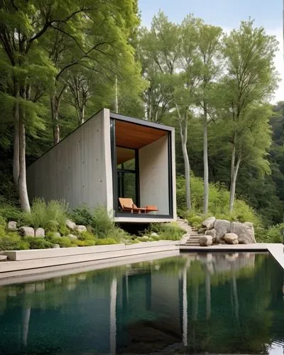 DISEÑO EXTERIOR DE UNA CABAÑA ESTILO MINIMALISTA, A BASE DE UNA ESTRUCTURA DE ACERO, FORRADA CON LAMINA DE ACERO, TROQUELADA NEGRA, CON UN VENTANAL PANOMRAMICO, SOPORTADA POR UN MURO DE PIEDRA, QUE CO