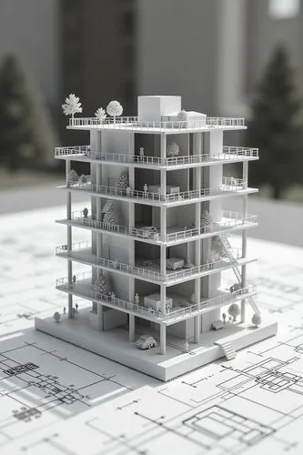 detailed architectural model of a multi-story building. The model is displayed in a monochromatic, technical style, showcasing various structural elements such as floors, rooms, and support beams. Sur