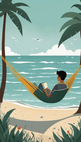 hammock,hammocks,dream beach,digital nomads,remote work,beach furniture,relaxing reading,lounger,deckchair,kohphangan,beach chair,sunlounger,idyllic,relaxation,book illustration,summer icons,relaxing,deserted island,vacation,work life balance,Illustration,Abstract Fantasy,Abstract Fantasy 05