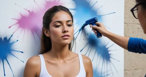 Woman  is spray painted art.,a girl is painting the wall with spray paint,hairdressing salon,beauty salon,microdermabrasion,hairstylists,beauty treatment,dermabrasion