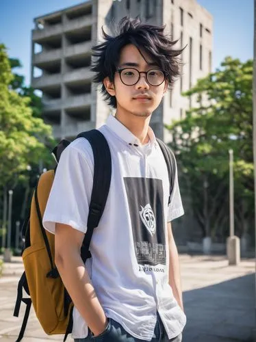 Master program student, architecture major, young adult, (25yo), bespectacled, short messy hair, casual attire, white shirt, dark jeans, sneakers, backpack, holding a large portfolio, standing, modern