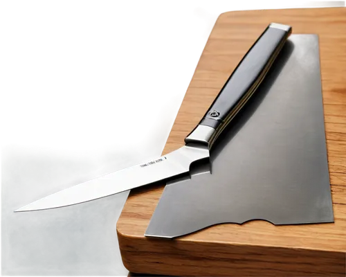 Sharp kitchen knife, metallic material, reflective surface, silver handle, straight blade, sharp tip, resting on wooden cutting board, morning light, soft focus, shallow depth of field, warm color ton