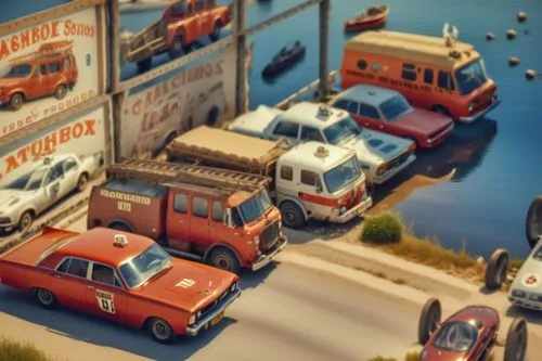 tin toys,miniature cars,auto repair shop,automobile repair shop,retro vehicle,delivery trucks,salvage yard,tilt shift,vwbus,ship yard,retro diner,fleet and transportation,firetruck,volkswagen delivery