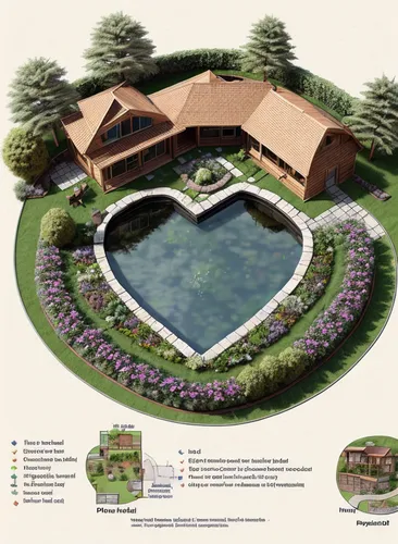 Gardening plan with wooden house , heart shaped pond, Small circular area, pine-tree, blue print drawing, water colour printed paper. Technical dimensions and caution , boundary with materials list.,l