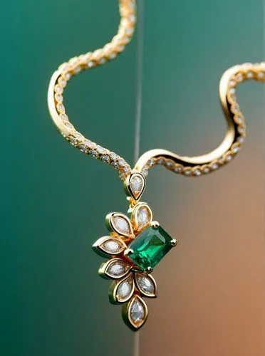 A pendant emerald and marques diamond, high quality, high resolution, ultra details,8k,a golden necklace with a green jewel and two white diamonds,mouawad,jewelry florets,paraiba,mikimoto,diadem,chaum