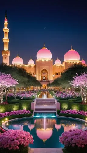 dubai garden glow,dubai miracle garden,sultan qaboos grand mosque,oman,pink city,al nahyan grand mosque,Illustration,Realistic Fantasy,Realistic Fantasy 08