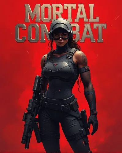 Create a high-resolution poster featuring a fierce female warrior in modern combat gear. The character should have an athletic build, standing at 5'8" with a muscular yet agile physique, and a medium 