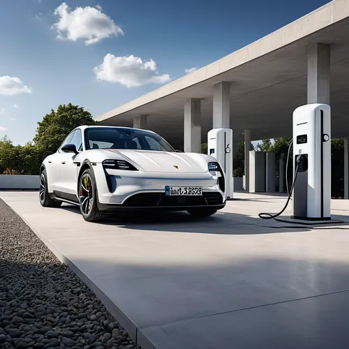 Against a backdrop of blue sky and white clouds, a Porsche Taycan is charging at an electric vehicle charging station. There is a gray concrete platform on the ground, square in shape with a flat surf