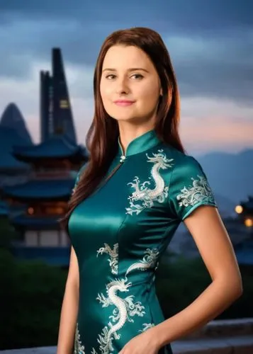 A young woman wearing a cheongsam dress

Light background, bright background

Perfect body, muscular body, She is facing the camera, Her body is facing the camera, her chest is facing the camera, roun