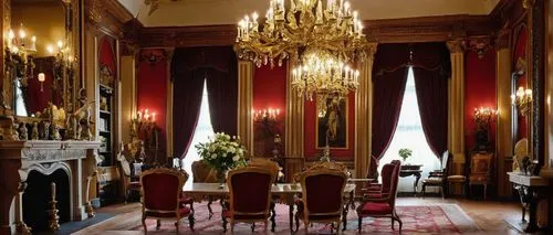 Historical interior design, John Pile style, Victorian era, luxurious, ornate, rich textures, velvet fabrics, intricate patterns, carved wooden furniture, grand chandeliers, lavish drapes, opulent col