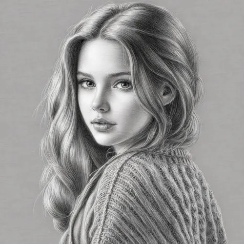 女孩，毛衣,a woman is drawn in pencil,moretz,pencil drawing,seydoux,girl drawing,girl portrait,charcoal pencil,Illustration,Black and White,Black and White 30