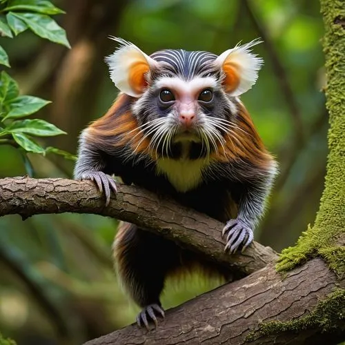 In the forest of a strange non-terrestrial planet a non-terrestrial creature reminiscent of a 50/50 combination of "Emperor Tamarin" and "Nine-Banded Armadillo" in equal parts and proportionate geneti