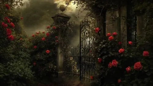 there is a gate in the middle of roses by it,the threshold of the house,secret garden of venus,way of the roses,rosebushes,landscape rose,rose bush