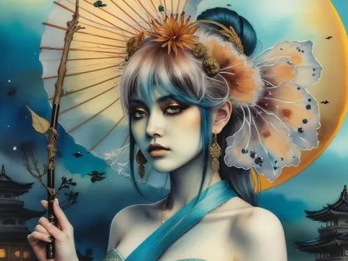 a picture with an artistic painting and a lady holding a parasol,geisha girl,japanese art,hoshihananomia,amano,geisha,oiran,Illustration,Realistic Fantasy,Realistic Fantasy 45