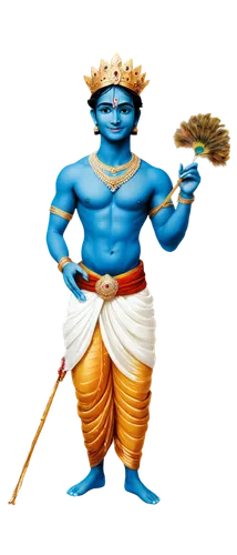 Lord Krishna, Indian deity, blue skin, golden jewelry, crown, peacock feather, gentle smile, bright eyes, flowing white dhoti, red angavastram, flute in hand, standing, relaxed posture, soft focus, wa