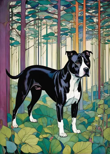 Describe a magical forest where American Staffordshire Terriers guard a hidden treasure.,boston terrier,staffordshire bull terrier,carlin pinscher,dog illustration,blue staffordshire bull terrier,amer