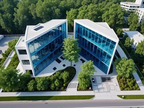 its a exterior view of a office with blue glass,white concrete and a tree in center. Add greenery around its surroundings,the exterior of a glass - walled office building with trees surrounding it,sko