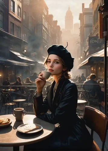 woman drinking coffee,seydoux,parisian coffee,schikaneder,liesel,woman at cafe,Illustration,American Style,American Style 06