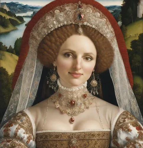 portrait of a noble woman, painting <class> Lucas Cranach the Elder “Judith” | on the head is a richly decorated and large wide-brimmed, horizontally asymmetrical red-brown headdress with slits and wh