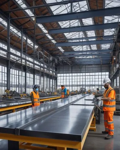 Modern architectural glass factory, industrial interior, steel beams, metal pillars, polished concrete floor, rows of machinery, glass manufacturing equipment, workers in reflective vests, safety gogg