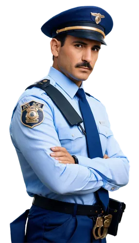 Police officer, male, mature, serious expression, short black hair, brown eyes, mustache, white shirt, blue police uniform, golden buttons, black tie, black belt, handcuffs, police hat, standing, conf