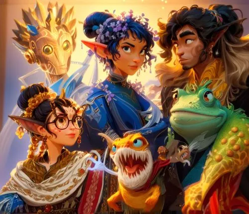 group photo of adventurers,four disney characters in costumes standing together with a dragon,elfquest,kobolds,vondra,personifications,dragonlance,adventurers,Anime,Anime,Cartoon