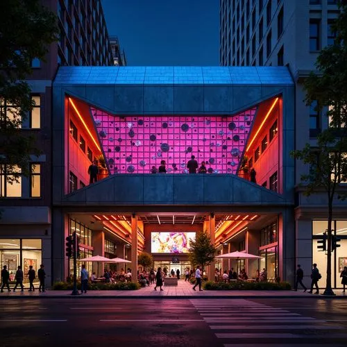 Vibrant music venue, dynamic facade, bold geometric patterns, neon lights, metallic surfaces, minimalist design, urban cityscape, bustling streets, night scene, dramatic lighting, contrasting textures