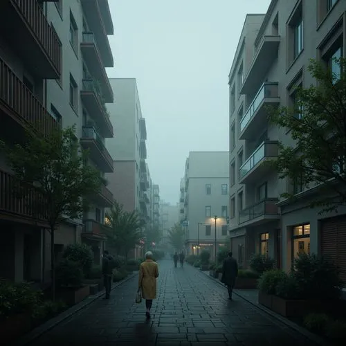 azabu,scampia,walking in the rain,rainy,microdistrict,cloudstreet,suburb,bahru,downpour,alley,apartment complex,apartment block,deakins,crewdson,misty,rainy day,atmosphere,mist,girl walking away,kazoku