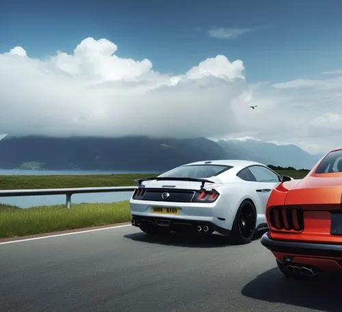 two bright colored cars sit in front of a scenic landscape,mustangs,american muscle cars,mustang tails,roush,mustang,ecoboost,Photography,General,Realistic