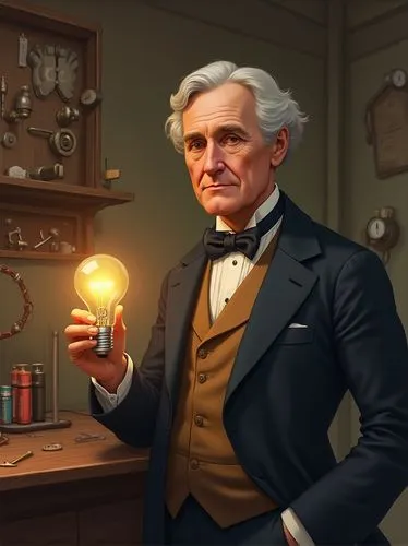 “Create a realistic illustration of the inventor Thomas Edison, known for creating the first practical light bulb. The image should depict Edison in a detailed and lifelike style, wearing a period-app