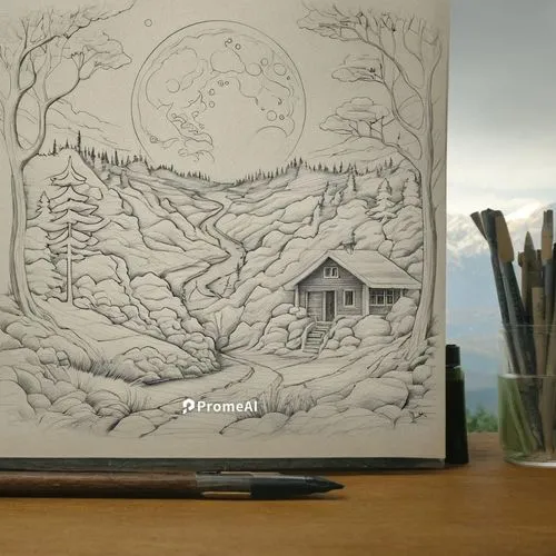 pencil drawing of a house and trees on a notebook,pencil art,snow drawing,to draw,pencil frame,hand-drawn illustration,home landscape