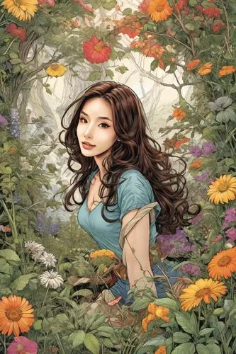 flower background,girl in flowers,flower fairy,beautiful girl with flowers,flower garden,girl in the garden,Digital Art,Comic