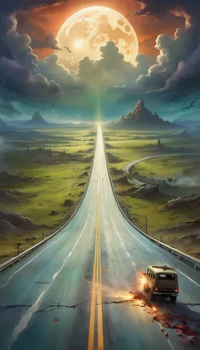 
An illustration of a highway with a zombie apocalypse backdrop in the 1930s.,road to nowhere,the road,open road,road forgotten,long road,road of the impossible,roads,journey,road,the road to the sea,