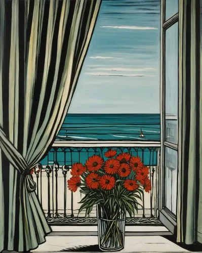 window with sea view,sea carnations,seaside view,sea beach-marigold,david bates,window treatment,flower painting,curtains,red carnations,window curtain,floral composition,sea view,carol colman,red tablecloth,geraniums,bedroom window,curtain,ocean view,flower vase,glass painting,Art,Artistic Painting,Artistic Painting 01