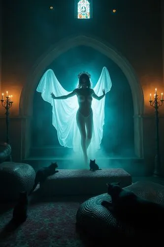 A translucent and phosphorescent ghost dressed in very sexy clothes floating above a snakeskin sofa watching Dracula lying down with a large flash of light between the two in a semi-dark gothic room l