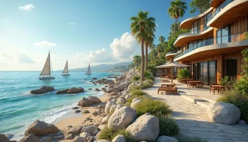 beachfront,3d rendering,seaside resort,beach resort,seaside view,shorefront,oceanfront,holiday villa,render,house by the water,harborfront,tropical house,shoreside,oceanview,resort,the hotel beach,3d rendered,waterfront,palmilla,beach landscape,Photography,General,Realistic