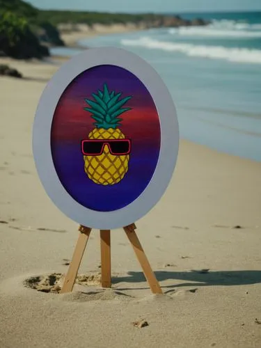 Картина на пляже,there is a painting on the beach with sunglasses and a pineapple,pineapple background,beach ball,pinapple,pineapple basket,beach background,pineapple field