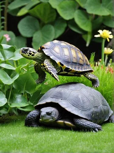 In a peaceful garden, a courageous turtle braves a lion's territory to retrieve a lost treasure.,tortoises,stacked turtles,trachemys scripta,red eared slider,tortoise,common map turtle,turtles,macroch